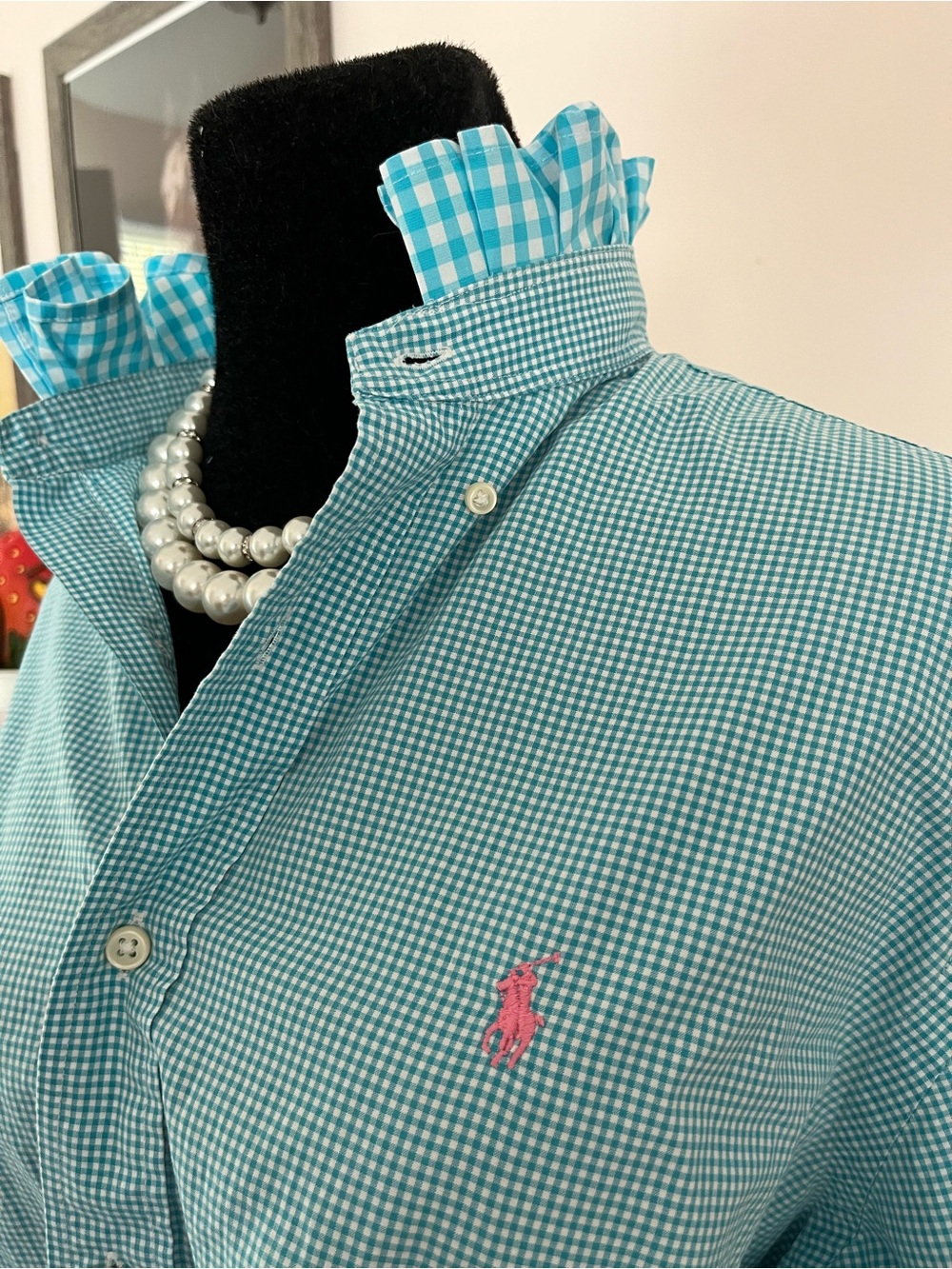 Refashioned Ralph Lauren Teal Gingham Button-Down Ruffle Collar